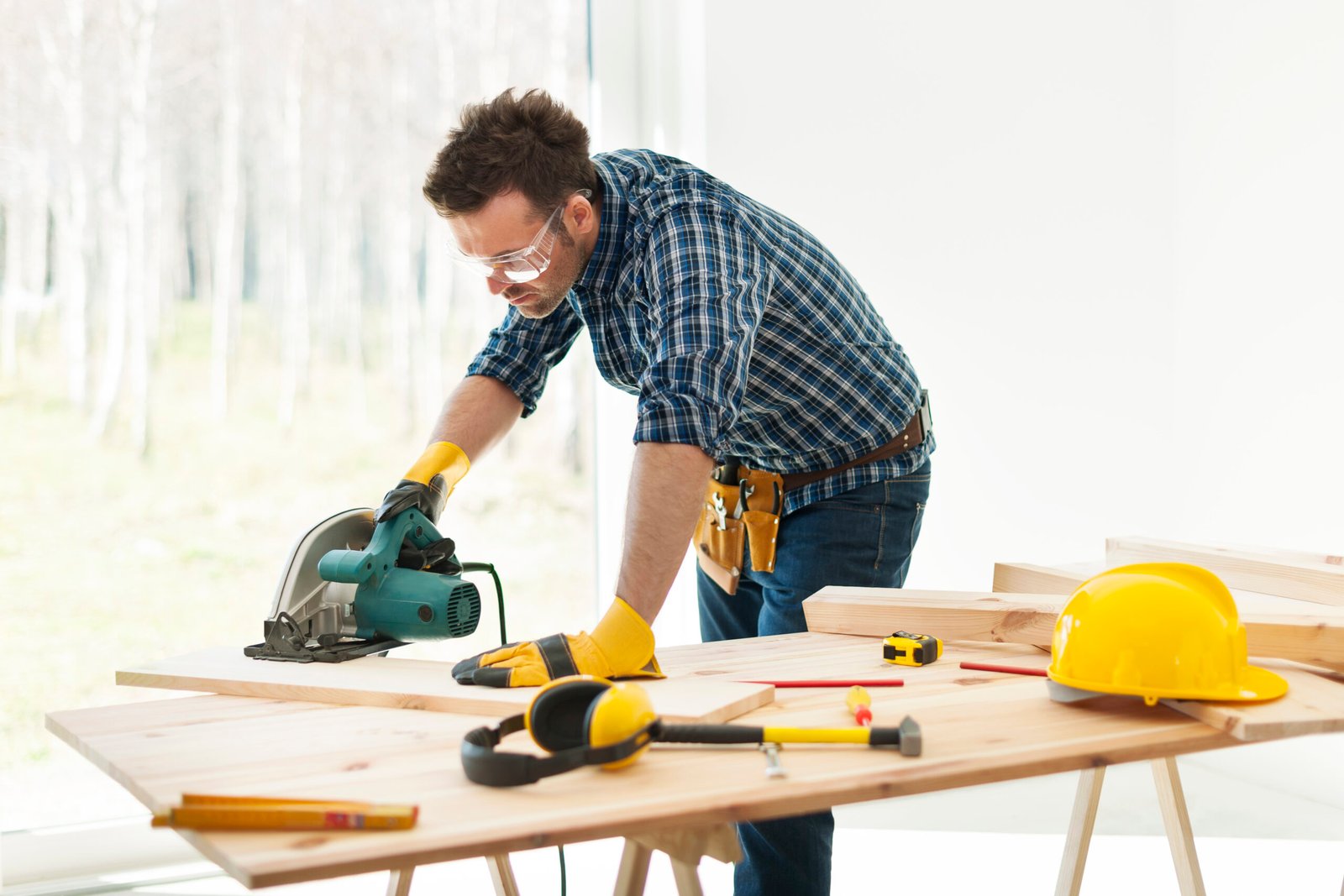 Man operating circular saw | Apex Garage Conversions