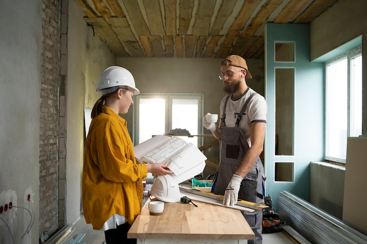 Construction workers reviewing blueprints | Apex Garage
