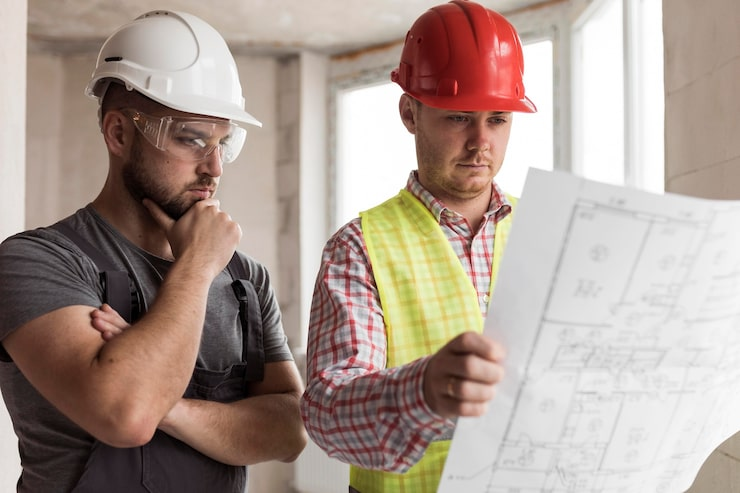 Construction workers reviewing blueprints | Apex Garage Conversions