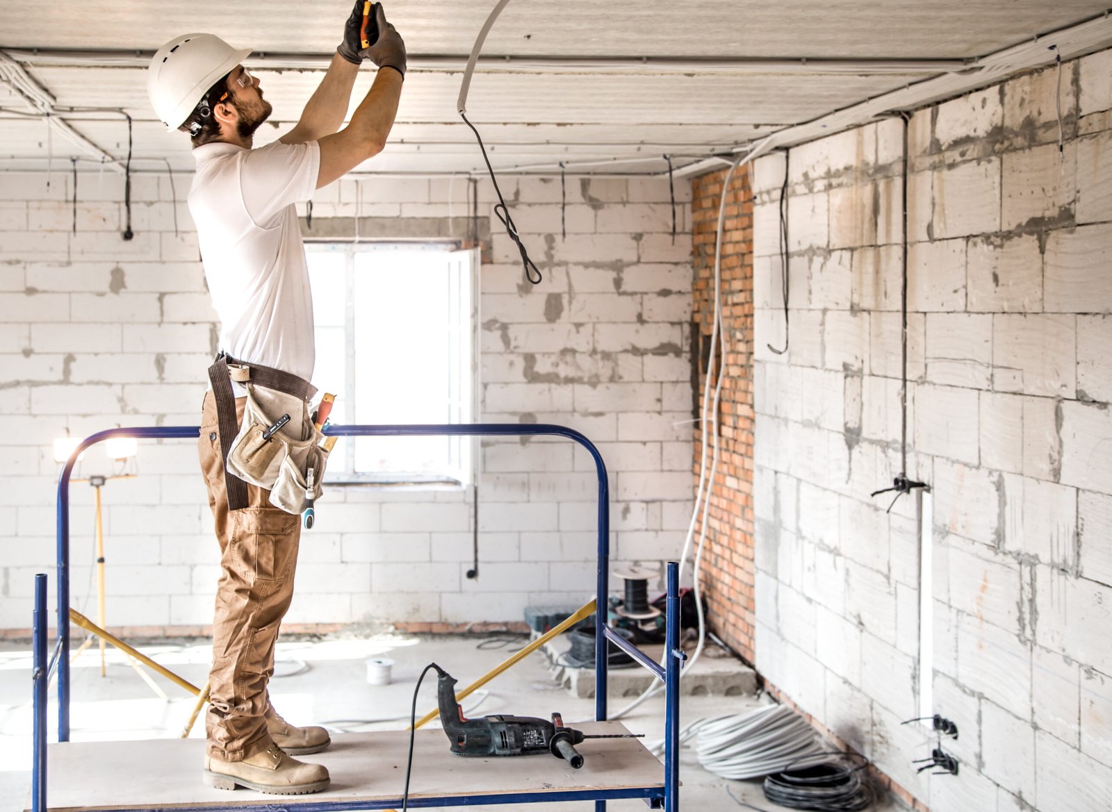 Electrician installing ceiling wiring | Apex Garage Conversions