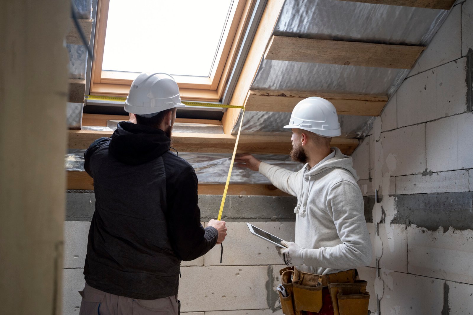 Workers measuring skylight insulation | Apex Garage Conversions
